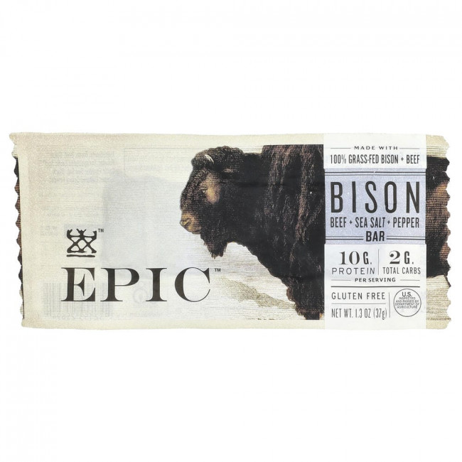 Батончик Epic Bar, Bison Bar, говядина + соль + перец, 37 г (1,3 унции)