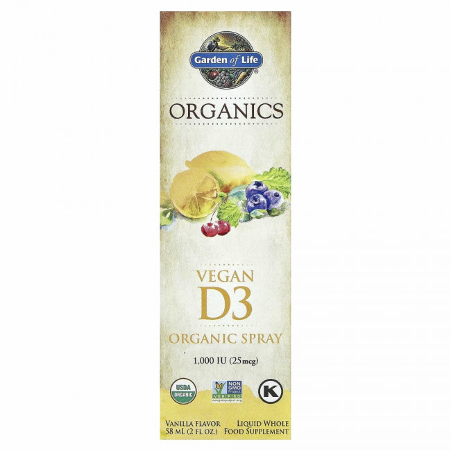 Garden of Life, MyKind Organics, веганский спрей с витамином D3, ваниль, 25 мкг (1000 МЕ), 58 мл (2 жидк. Унции)