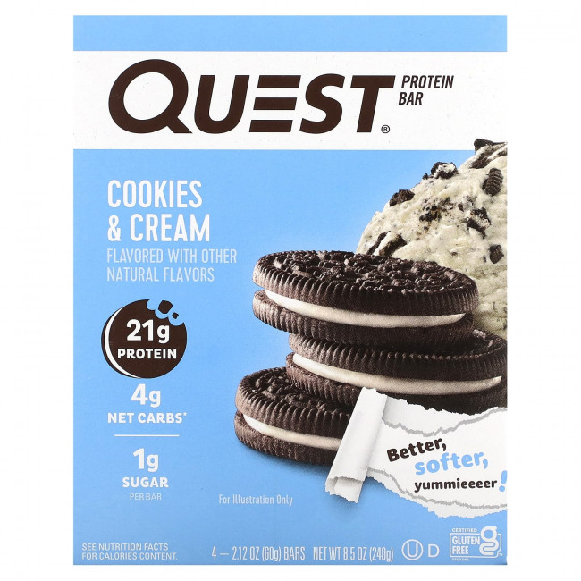 Quest Nutrition, Протеиновый батончик, печенье и крем, 4 батончика, 60 г (2,12 унции) каждый Quest Nutrition, Протеиновый батончик, печенье и крем, 4 батончика, 60 г (2,12 унции) каждый