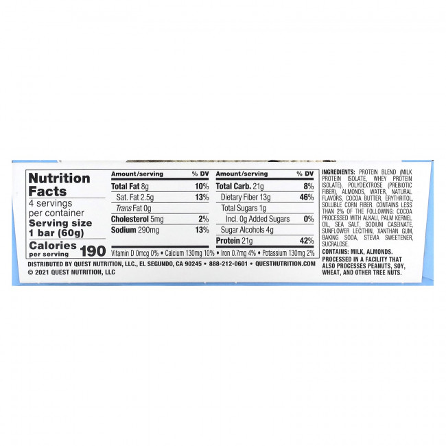 Quest Nutrition, Протеиновый батончик, печенье и крем, 4 батончика, 60 г (2,12 унции) каждый Quest Nutrition, Протеиновый батончик, печенье и крем, 4 батончика, 60 г (2,12 унции) каждый