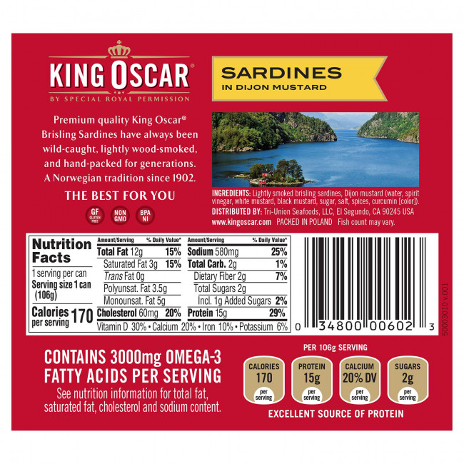 King Oscar, Wild Caught, Сардины в дижонской горчице, 3,75 унции (106 г) King Oscar, Wild Caught, Сардины в дижонской горчице, 3,75 унции (106 г)