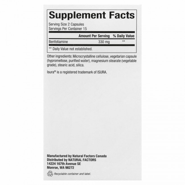 Natural Factors, BioCoenzymated, B1, бенфотиамин плюс сульбутиамин, 150 мг, 30 вегетарианских капсул