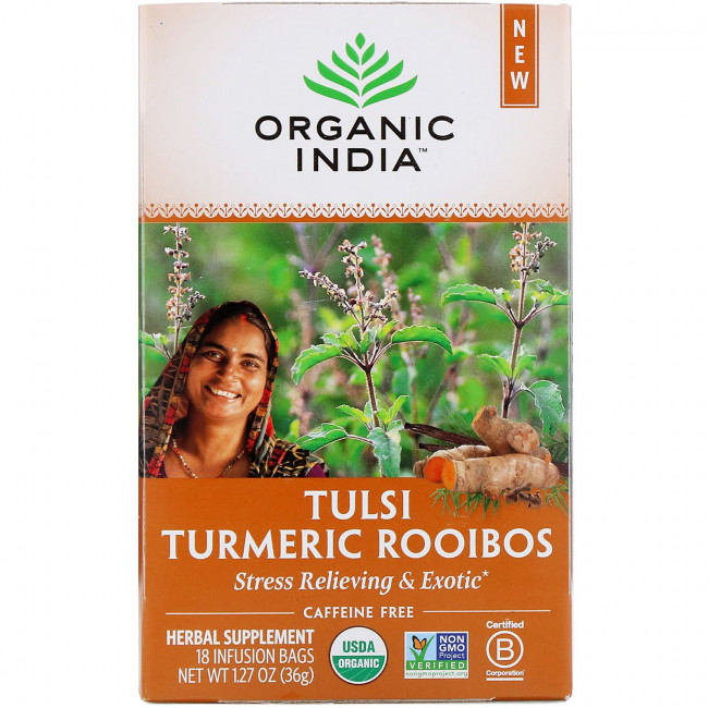 Organic India, Tulsi Tea, ройбуш с куркумой, без кофеина, 18 пакетиков для заваривания, 36 г (1,27 унции) Organic India, Tulsi Tea, ройбуш с куркумой, без кофеина, 18 пакетиков для заваривания, 36 г (1,27 унции)