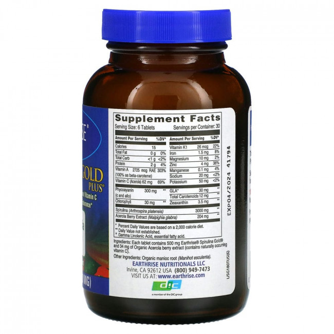 Earthrise, Spirulina Gold Plus, 500 мг, 180 таблеток Earthrise, Spirulina Gold Plus, 500 мг, 180 таблеток