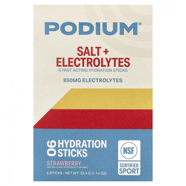 Podium Nutrition, соль + электролиты, увлажняющие стики, клубника, 6 стиков, 5,4 г каждый