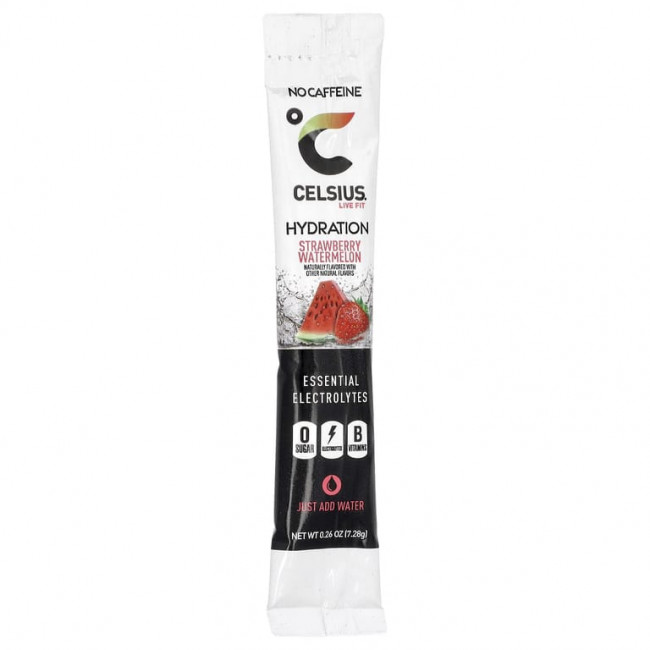 Celsius, Live Fit, увлажнение, незаменимые электролиты, без кофеина, клубника и арбуз, 14 порошковых стиков для увлажнения, по 7,28 г (0,26 унции)