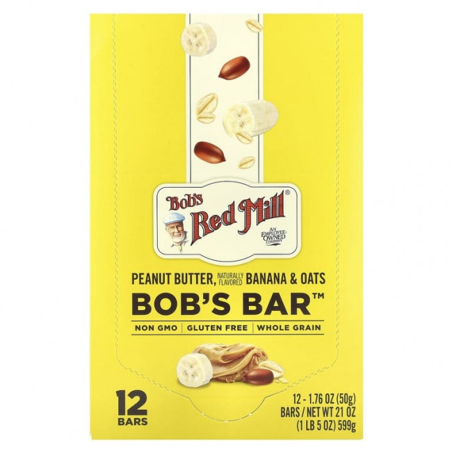 Bob's Red Mill, Bob's Bar ™, арахисовая паста, банан и овес, 12 батончиков по 50 г (1,76 унции) Bob's Red Mill, Bob's Bar ™, арахисовая паста, банан и овес, 12 батончиков по 50 г (1,76 унции)