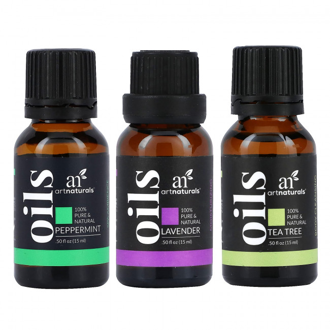 artnaturals, Набор из 3 основных эфирных масел, лаванда, чайное дерево и перечная мята, набор из 3 предметов, 15 мл (0,50 жидк. Унции) каждый artnaturals, Набор из 3 основных эфирных масел, лаванда, чайное дерево и перечная мята, набор из 3 предметов, 15 мл (0,50 жидк. Унции) каждый