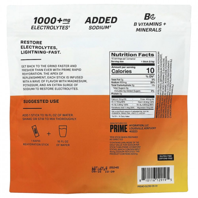 Prime Hydration, Rapid Rehydration, электролитный напиток, вкус «Ледниковый апельсин», 16 стиков, по 5,9 г каждый.