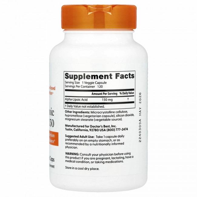 Doctor's Best, альфа-липоевая кислота, 150 мг, 120 растительных капсул
