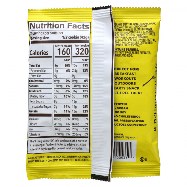 Munk Pack, Протеиновое печенье с арахисовой пастой и шоколадной крошкой, 84 г (2,96 унции)