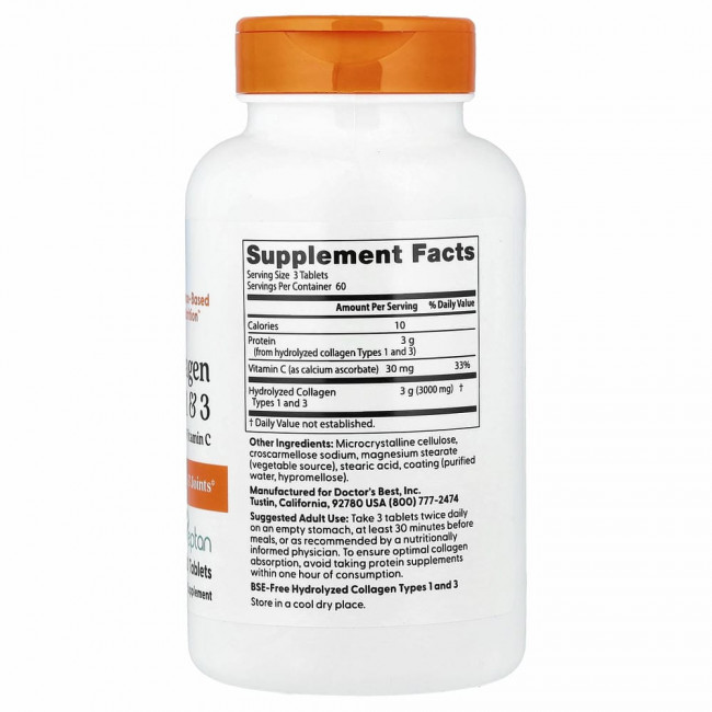 Doctor's Best, коллаген типа 1 и 3 с Peptan и витамином C, 1000 мг, 180 таблеток
