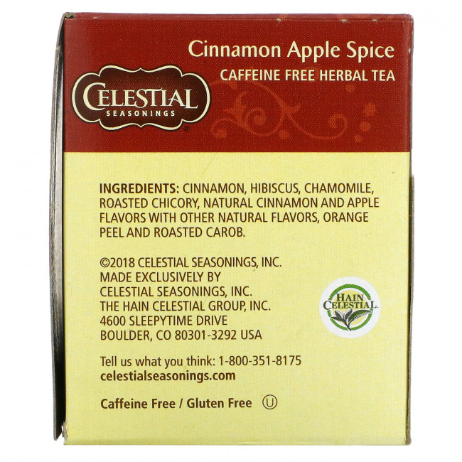 Celestial Seasonings, травяной чай, со вкусом корицы и яблока, без кофеина, 20 чайных пакетиков, 48 г (1,7 унции)