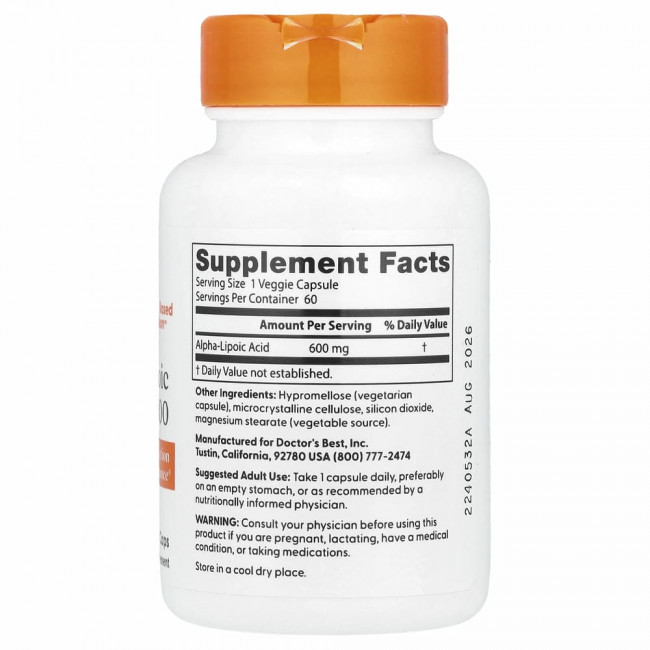 Doctor's Best, альфа-липоевая кислота, 600 мг, 60 вегетарианских капсул