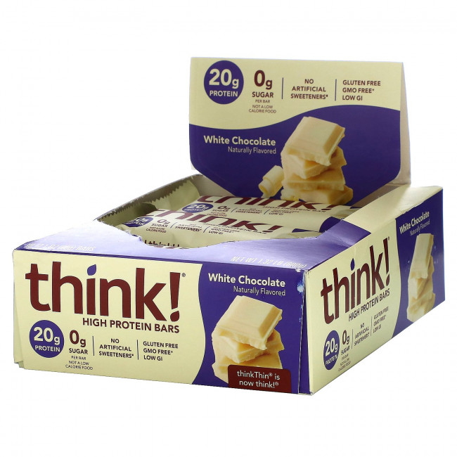 Think !, Высокопротеиновые батончики, белый шоколад, 10 батончиков по 60 г (2,1 унции) Think !, Высокопротеиновые батончики, белый шоколад, 10 батончиков по 60 г (2,1 унции)