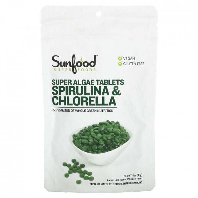 Sunfood, спирулина и хлорелла, таблетки с суперводорослями, 250 мг, 456 таблеток Sunfood, спирулина и хлорелла, таблетки с суперводорослями, 250 мг, 456 таблеток