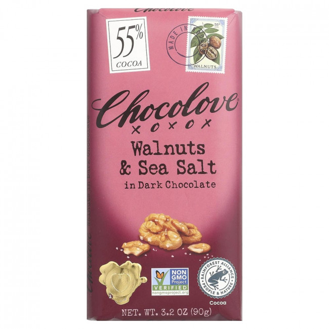 Шоколад Chocolove, грецкие орехи и морская соль в темном шоколаде, 55% какао, 90 г (3,2 унции)