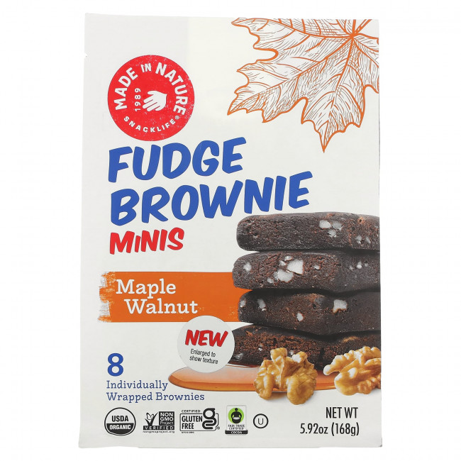 Made in Nature, Fundge Brownie Minis, кленовый орех, 8 пирожных, 168 г (5,92 унции) Made in Nature, Fundge Brownie Minis, кленовый орех, 8 пирожных, 168 г (5,92 унции)