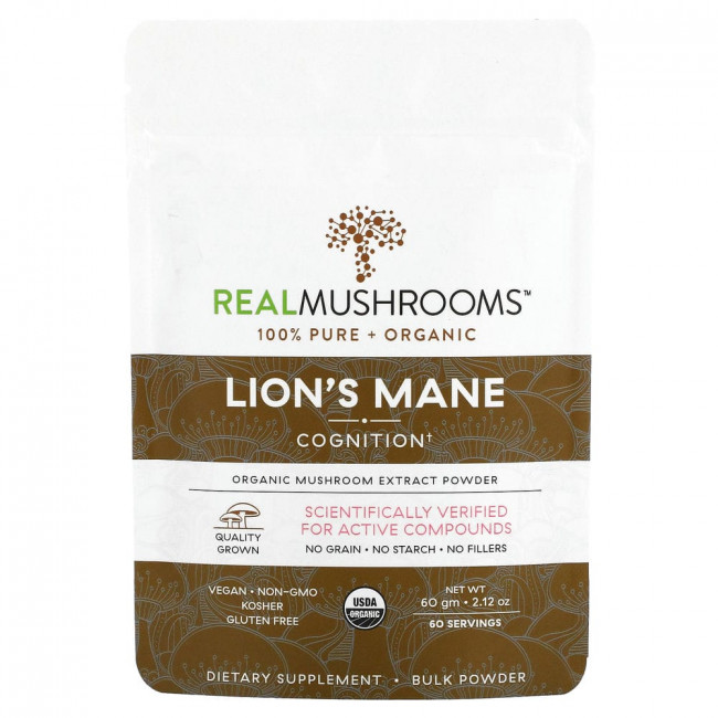 Real Mushrooms, Lion's Mane, Cognition, нерасфасованный порошок, 60 г (2,12 унции) Real Mushrooms, Lion's Mane, Cognition, нерасфасованный порошок, 60 г (2,12 унции)