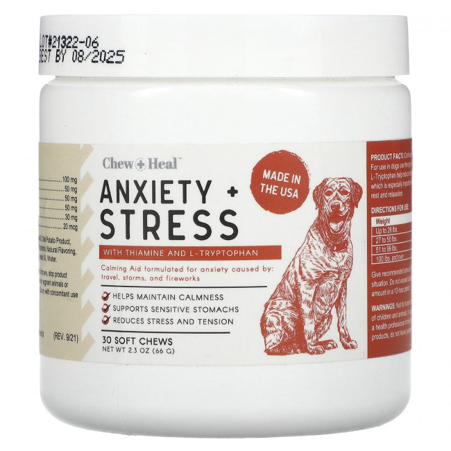 Chew + Heal, Anxiety + Stress, для собак, 30 жевательных таблеток, 66 г (2,3 унции) Chew + Heal, Anxiety + Stress, для собак, 30 жевательных таблеток, 66 г (2,3 унции)