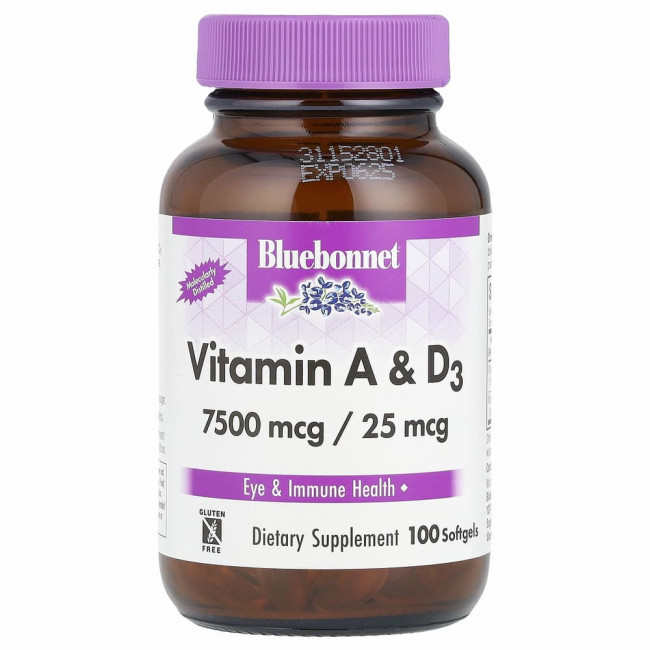 Bluebonnet Nutrition, витамины A и D3, 100 капсул