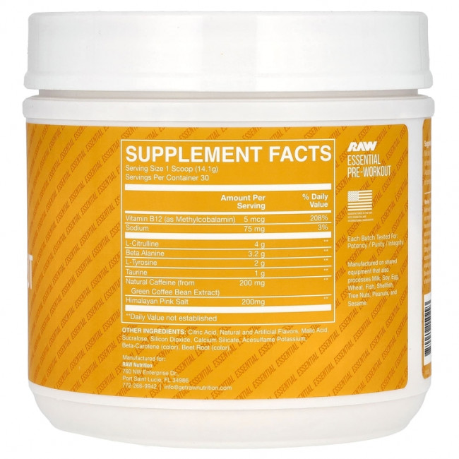Raw Nutrition, Bum, предтренировочный комплекс, со вкусом персика и манго, 423 г (14,9 унции)