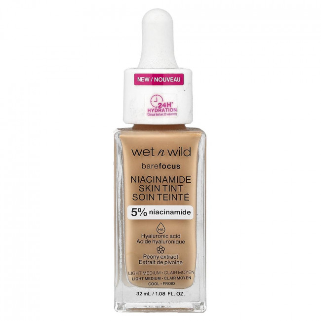 wet n wild, Barefocus, тональный крем с ниацинамидом, 1116316 Light Medium, 1.08 fl oz (32 ml)