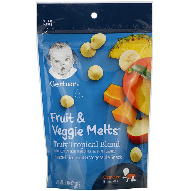 Gerber, Graduates, Fruit & Veggie Melts, настоящая тропическая смесь, для малышей от 8 месяцев, 28 г (1 унция) Gerber, Graduates, Fruit & Veggie Melts, настоящая тропическая смесь, для малышей от 8 месяцев, 28 г (1 унция)