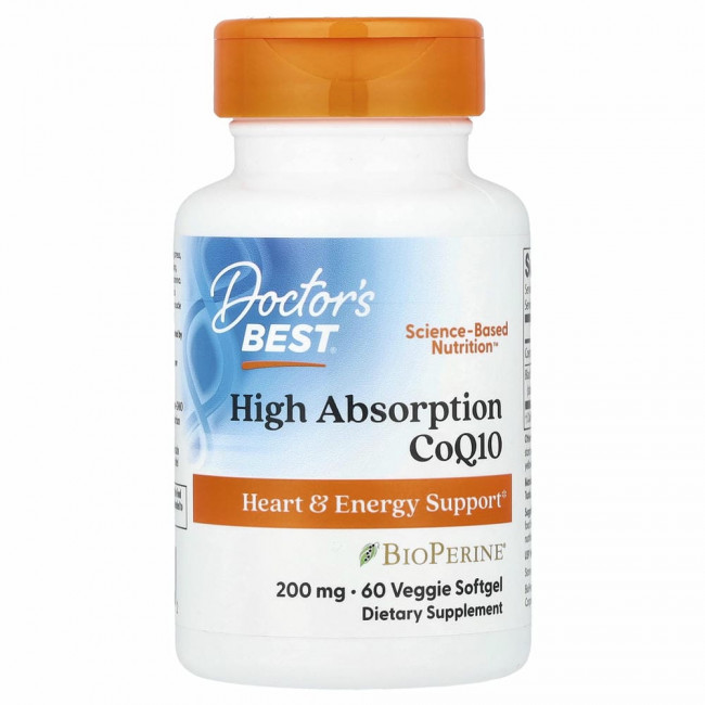 Doctor's Best, коэнзим Q10 с высокой степенью всасывания, с BioPerine, 200 мг, 60 вегетарианских мягких таблеток