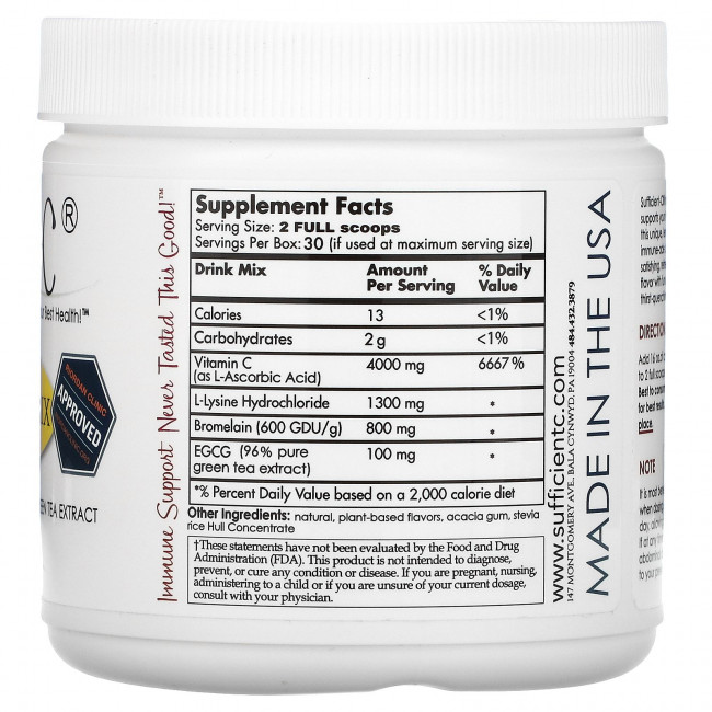Sufficient C, High Dosed Immune-Ade Drink Mix, Lemon Peach , 4,000 mg , 250 g Sufficient C, High Dosed Immune-Ade Drink Mix, Lemon Peach , 4,000 mg , 250 g