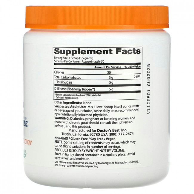 Doctor's Best, чистый порошок D-рибозы с BioEnergy Ribose, 250 г (8,8 унции)
