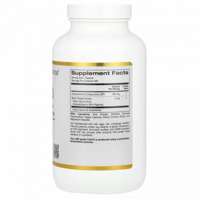 California Gold Nutrition, коэнзим Q10 USP с экстрактом BioPerine, 200 мг, 360 вегетарианских капсул California Gold Nutrition, коэнзим Q10 USP с экстрактом BioPerine, 200 мг, 360 вегетарианских капсул