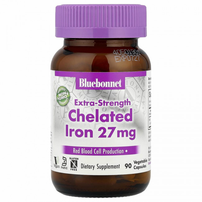 Bluebonnet Nutrition, Хелатное железо усиленного действия, 27 мг, 90 растительных капсул