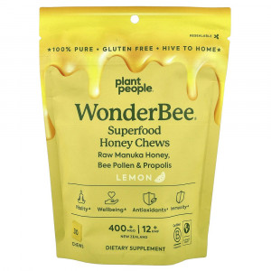 Plant People, WonderBee®, медовые жевательные конфеты с суперфудами, лимон, MGO 400+, 30 жевательных конфет
