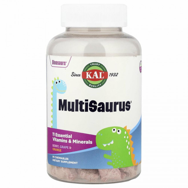 KAL, MultiSaurus, витамины и микроэлементы, со вкусом ягод, винограда и апельсина, 90 жевательных таблеток