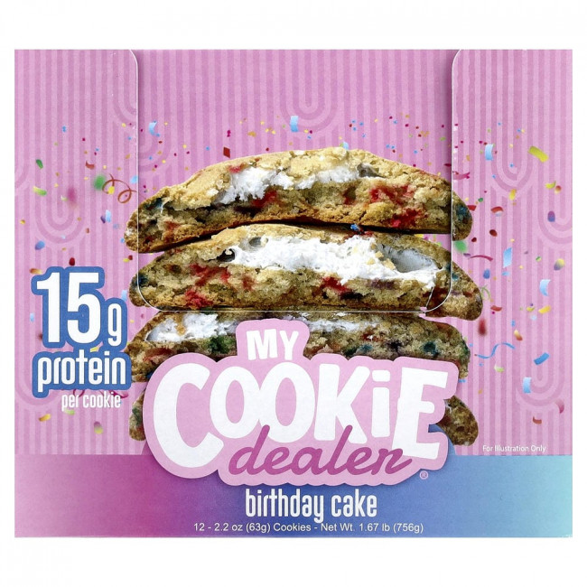 Протеиновое печенье My Cookie Dealer, протеиновое печенье, торт ко дню рождения, 12 штук, по 63 г каждая. Протеиновое печенье My Cookie Dealer, протеиновое печенье, торт ко дню рождения, 12 штук, по 63 г каждая.