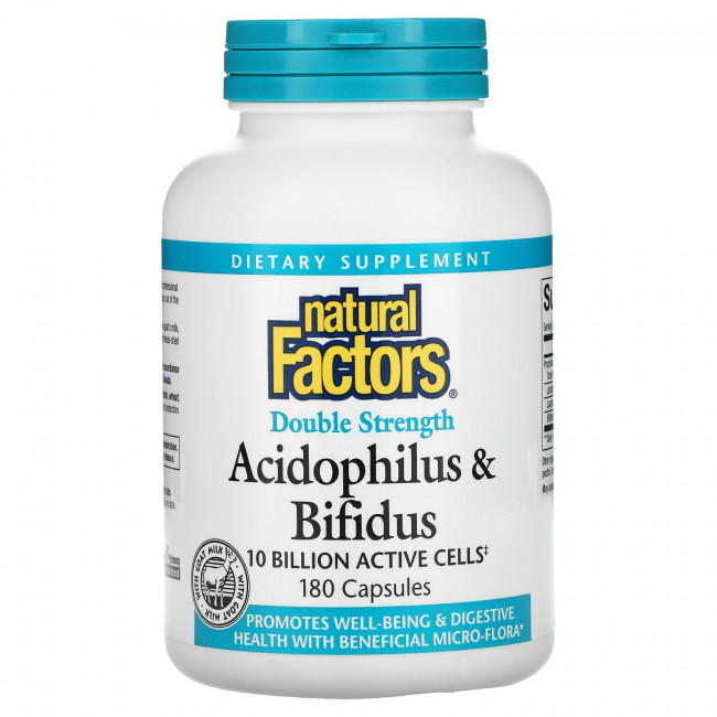 Natural Factors, Acidophilus & Bifidus, двойная сила действия, 10 млрд, 180 капсул Natural Factors, Acidophilus & Bifidus, двойная сила действия, 10 млрд, 180 капсул