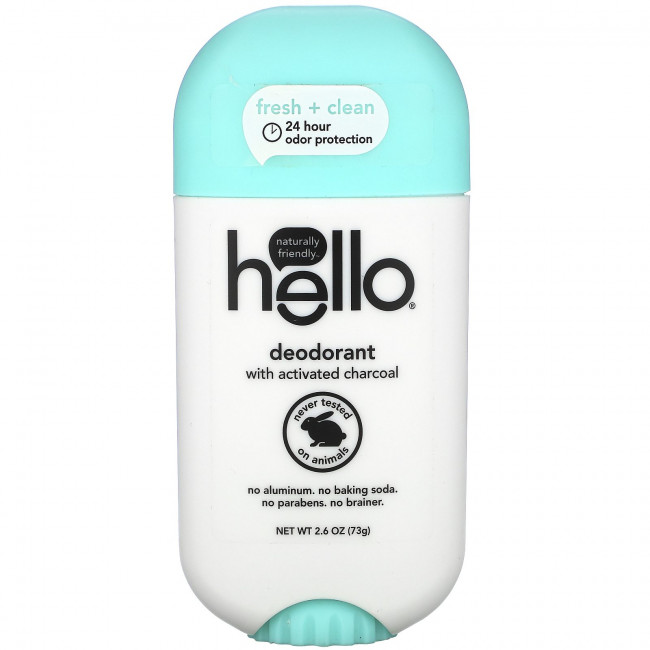 Hello, Дезодорант с активированным углем, Fresh + Clean, 73 г (2,6 унции) Hello, Дезодорант с активированным углем, Fresh + Clean, 73 г (2,6 унции)