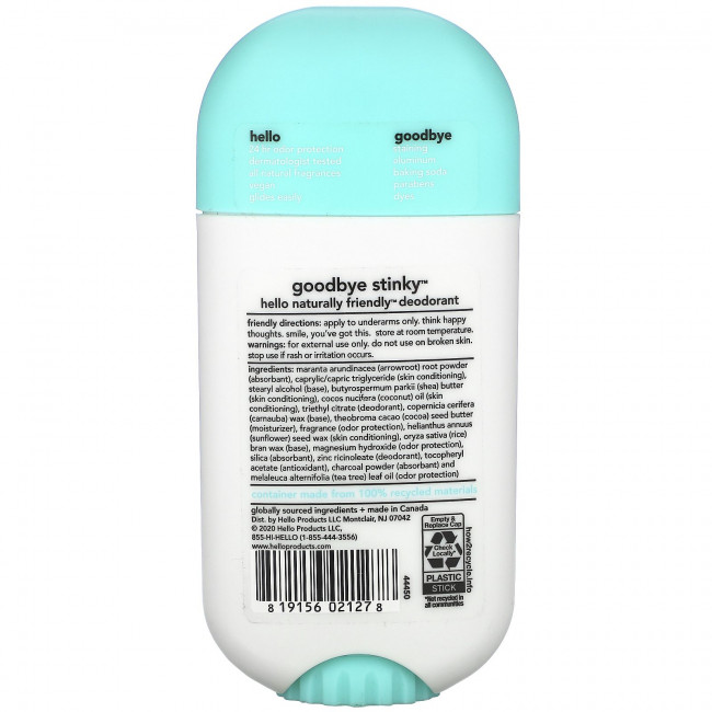 Hello, Дезодорант с активированным углем, Fresh + Clean, 73 г (2,6 унции) Hello, Дезодорант с активированным углем, Fresh + Clean, 73 г (2,6 унции)