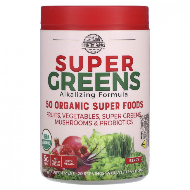 Country Farms, Super Greens, подщелачивающая формула, ягоды, 300 г (10,6 унции) Country Farms, Super Greens, подщелачивающая формула, ягоды, 300 г (10,6 унции)