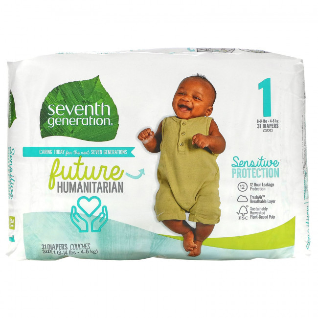 Seventh Generation, Подгузники для чувствительной защиты, размер 1, 8–14 фунтов, 31 шт. Seventh Generation, Подгузники для чувствительной защиты, размер 1, 8–14 фунтов, 31 шт.