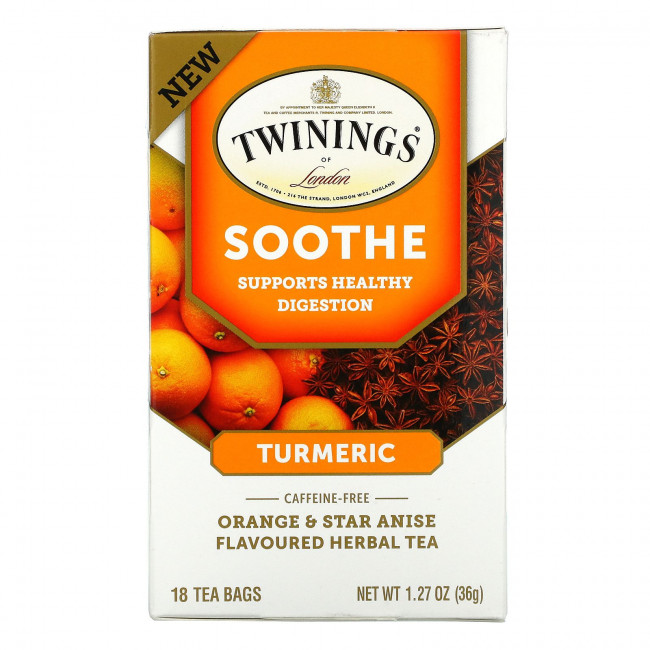 Twinings, Успокаивающий травяной чай, куркума, апельсин и анис звездчатый, без кофеина, 18 пакетиков по 1,27 унц. (36 г) Twinings, Успокаивающий травяной чай, куркума, апельсин и анис звездчатый, без кофеина, 18 пакетиков по 1,27 унц. (36 г)