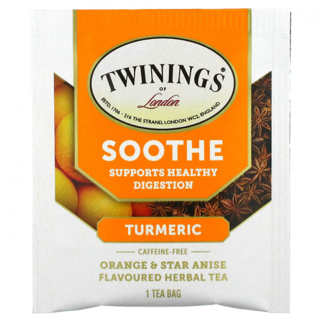 Twinings, Успокаивающий травяной чай, куркума, апельсин и анис звездчатый, без кофеина, 18 пакетиков по 1,27 унц. (36 г) Twinings, Успокаивающий травяной чай, куркума, апельсин и анис звездчатый, без кофеина, 18 пакетиков по 1,27 унц. (36 г)