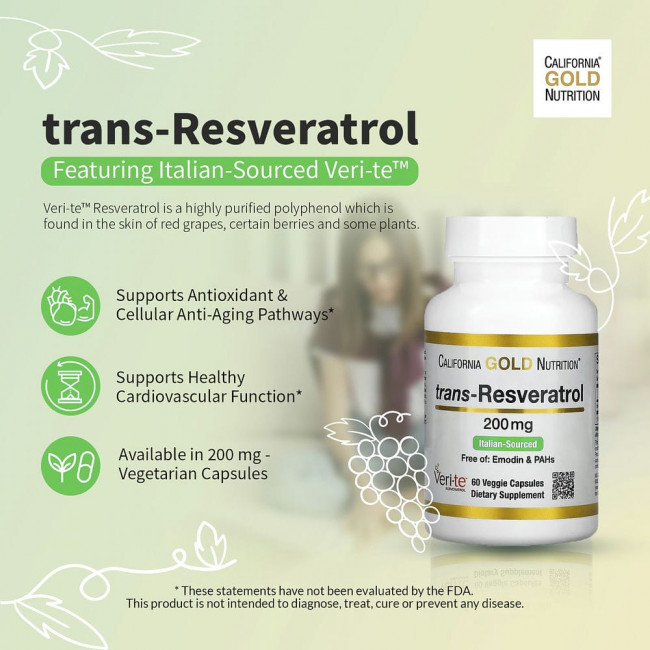 California Gold Nutrition, транс-ресвератрол, итальянского происхождения, 200 мг, 60 растительных капсул