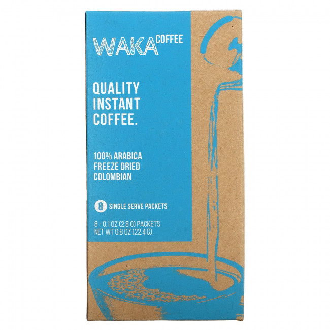 Waka Coffee, Растворимый кофе из 100% арабики, колумбийский сублимированный кофе, средней обжарки, 8 порционных пакетиков по 2,8 г (0,1 унции) Waka Coffee, Растворимый кофе из 100% арабики, колумбийский сублимированный кофе, средней обжарки, 8 порционных пакетиков по 2,8 г (0,1 унции)