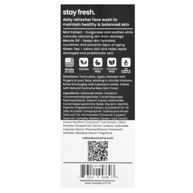 Natural Outcome, Manskin, очищающее средство Stay Fresh, мята и марула, 236 мл (8 унций)