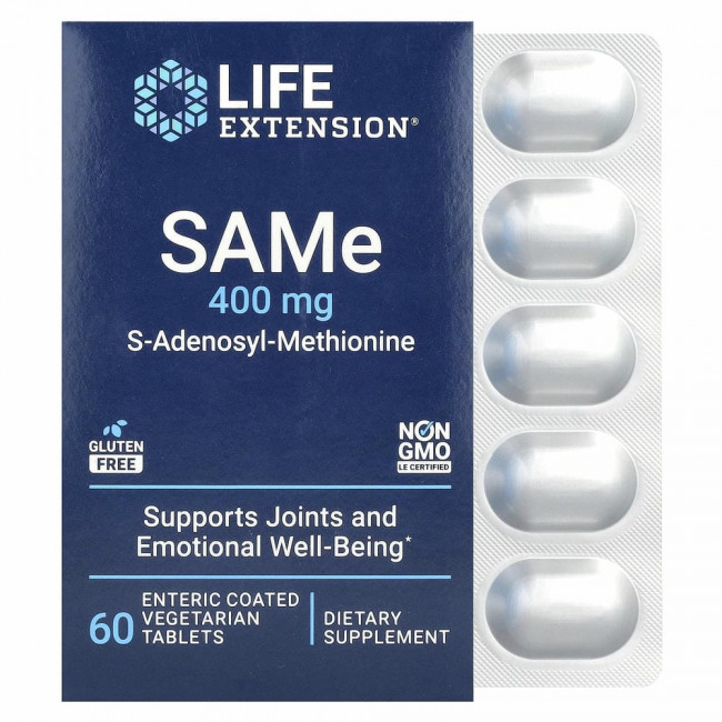 Life Extension, SAMe, S-аденозил-метионин, 400 мг, 60 таблеток, покрытых кишечнорастворимой оболочкой