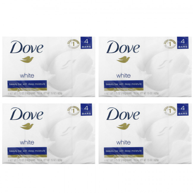 Dove, Мыло Beauty Bar, глубокое увлажнение, белое, 4 шт., По 106 г (3,75 унции)