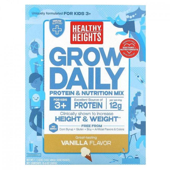 Healthy Heights, Grow Daily, протеиново-питательная смесь, для детей от 3 лет, ваниль, 7 пакетиков по 43 г (снят с производства)