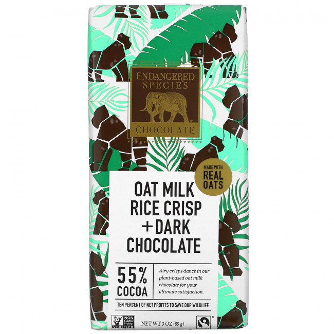 Endangered Species Chocolate, Овсяное молоко, рисовые чипсы + темный шоколад, 55% какао, 3 унции (85 г) Endangered Species Chocolate, Овсяное молоко, рисовые чипсы + темный шоколад, 55% какао, 3 унции (85 г)